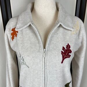 Holiday Lodge Fall Zip Fleece Autumn Leaves Women's Size L Light Gray Ivory